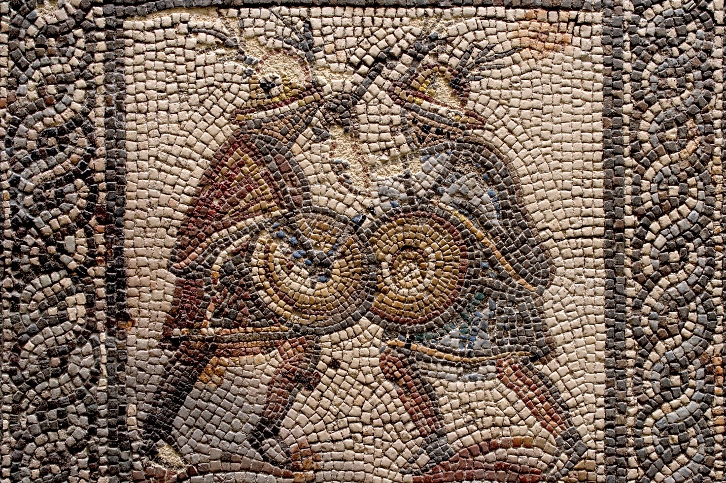 Kämpfende Gladiatoren im Bildfeld des Gladiatorenmosaiks. Um 200 n. Chr.
